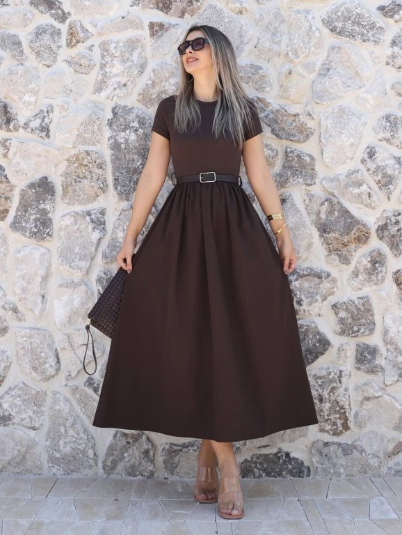 فستان نص كم بني سادة ats كود 0000224