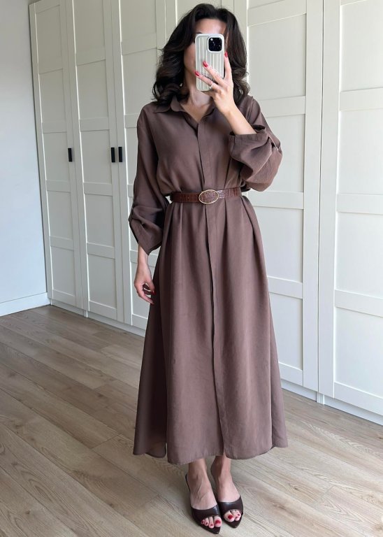فستان بني غامق مع حزام عسلي  كود 0000230