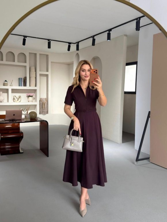 فستان نص كم عنابي مع حزام efil كود 0000238